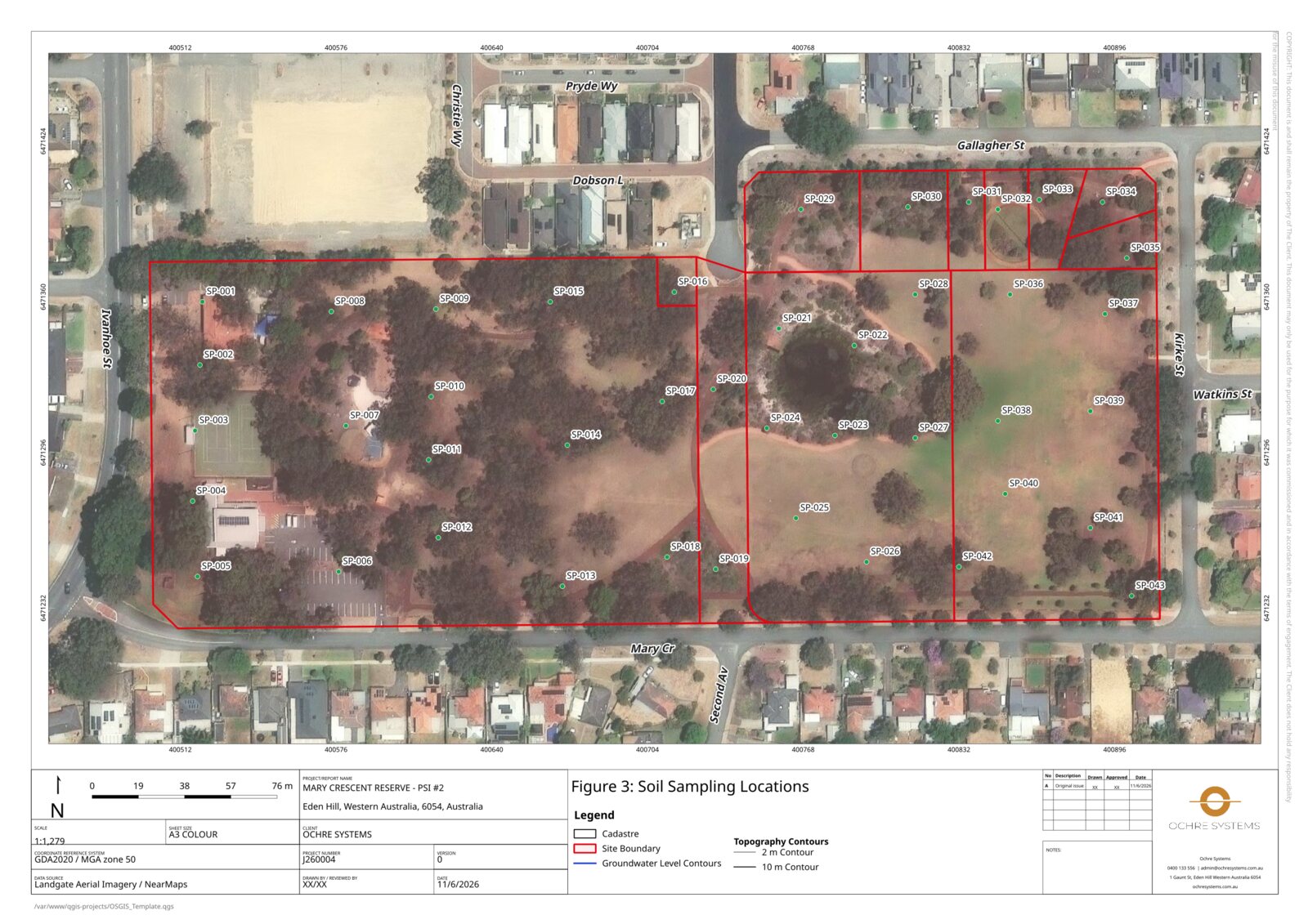 Publication-ready QGIS figure — soil sampling locations over an aerial, with the red site boundary following the cadastral parcels, and a full legend.