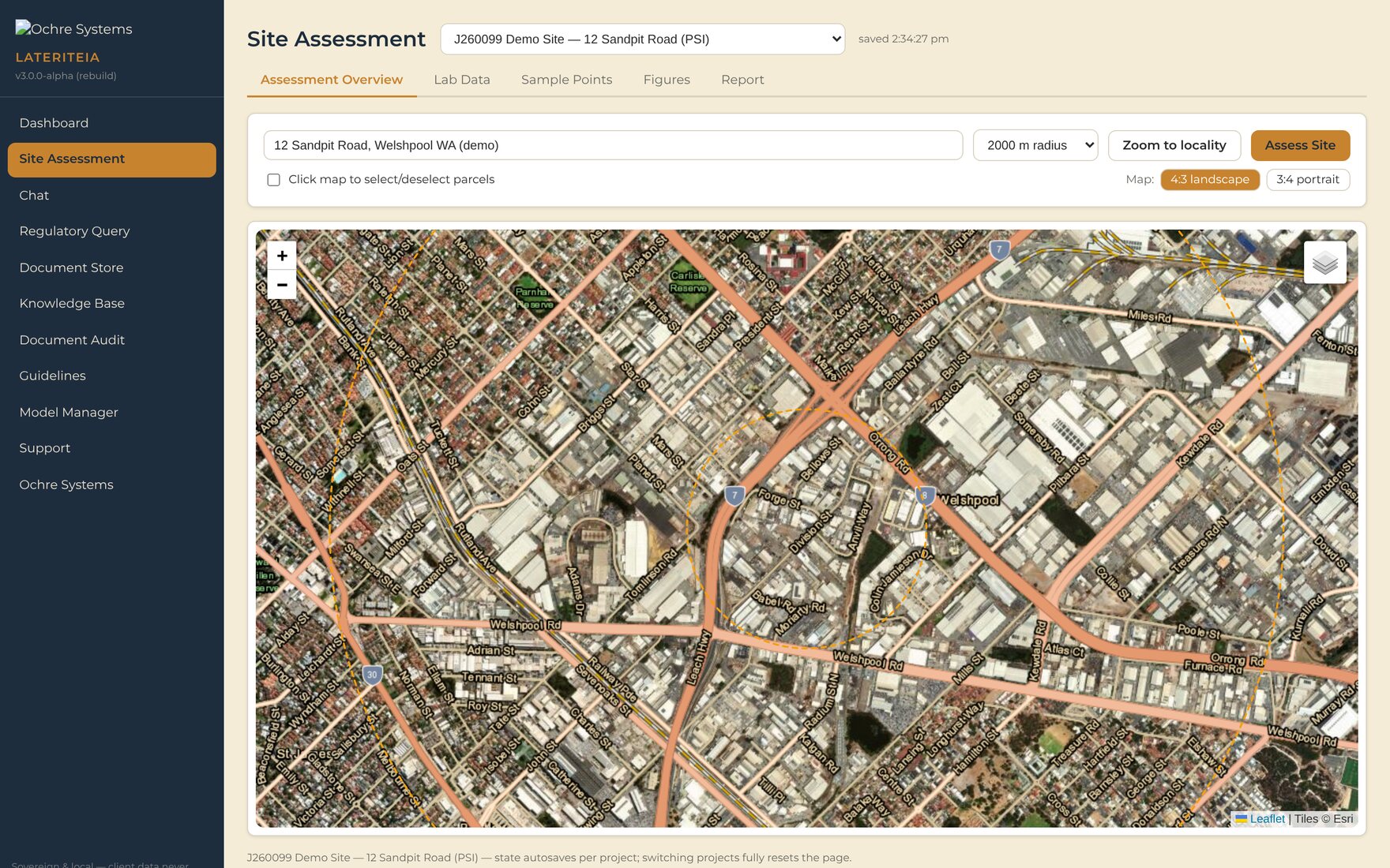 Site assessment map with aerial imagery and a survey-radius overlay.